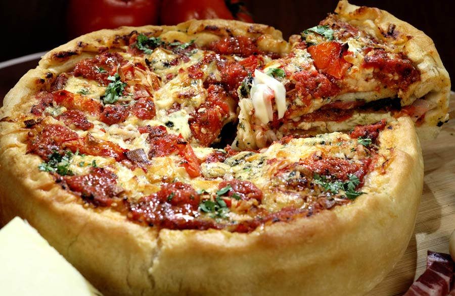 Iconic deep dish Chicago pizza
