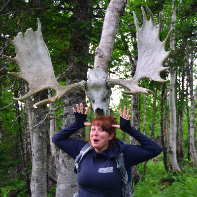 Girl under moose antlers