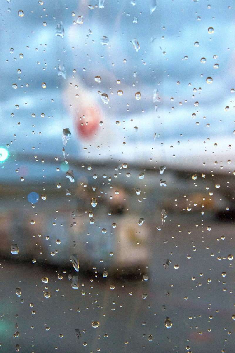 Rainy JAL airplane in Okinawa in winter